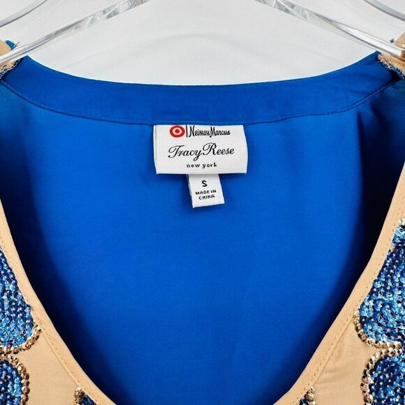 Tracy Reese for Target Small Tan & Blue Sequin Patterned Short Sleeve Blouse Top - Picture 6 of 7